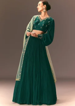 Bottle Green Embellished Ruched Lehenga Set