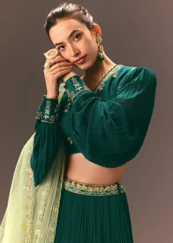 Bottle Green Embellished Ruched Lehenga Set