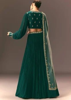 Bottle Green Embellished Ruched Lehenga Set