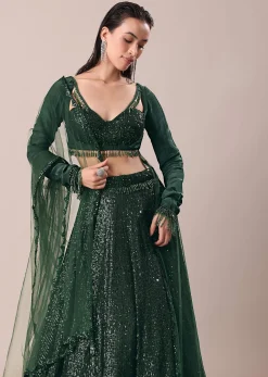 Bottle Green Embroidered Lehenga And Blouse With Dupatta