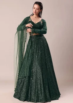 Bottle Green Embroidered Lehenga And Blouse With Dupatta