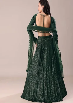 Bottle Green Embroidered Lehenga And Blouse With Dupatta