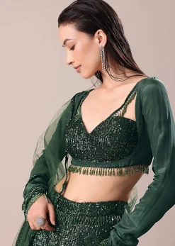 Bottle Green Embroidered Lehenga And Blouse With Dupatta