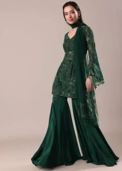 Bottle Green Fancy Sequins Palazzo Suit