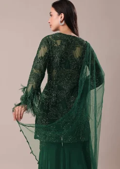 Bottle Green Fancy Sequins Palazzo Suit