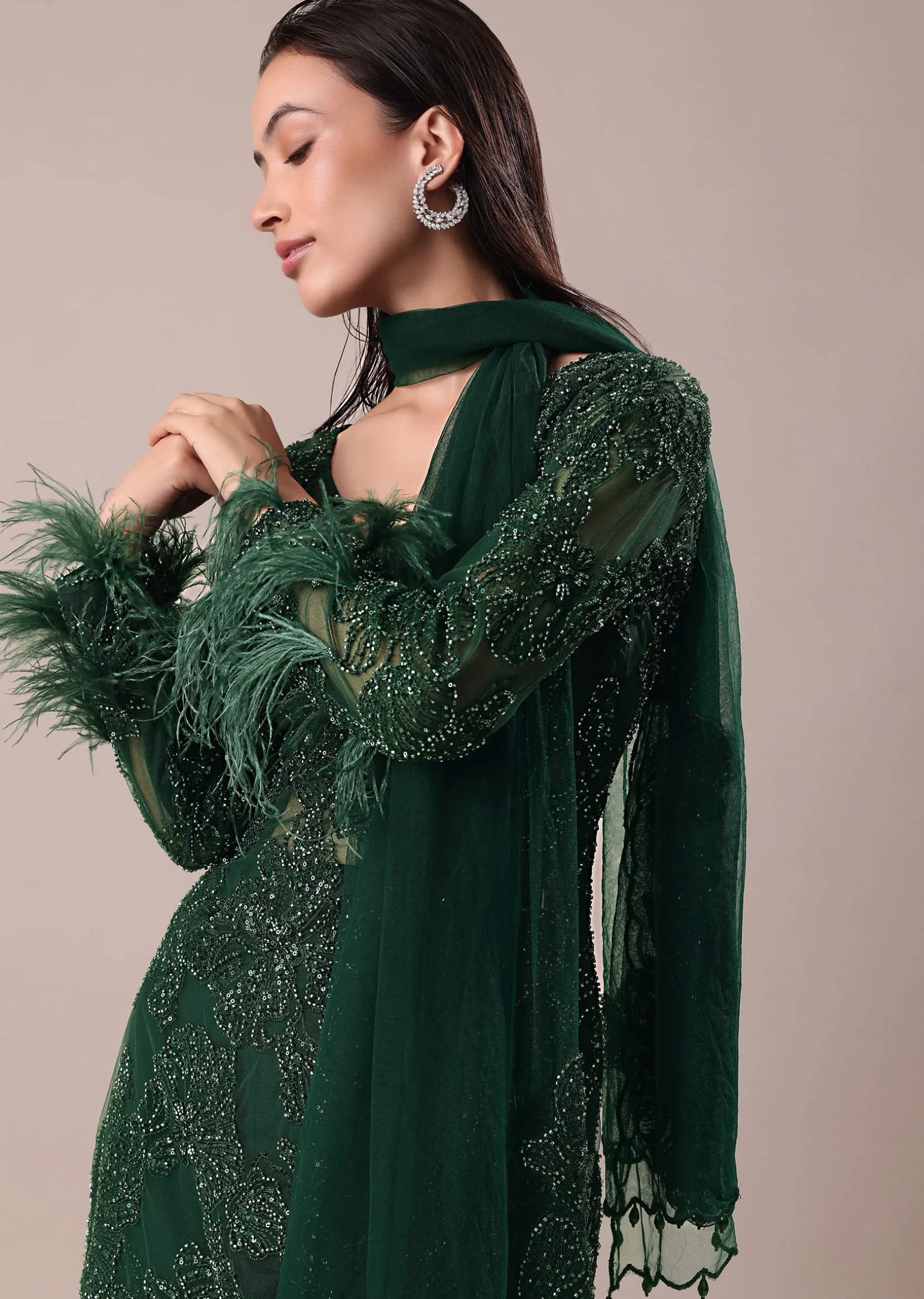 Bottle Green Fancy Sequins Palazzo Suit