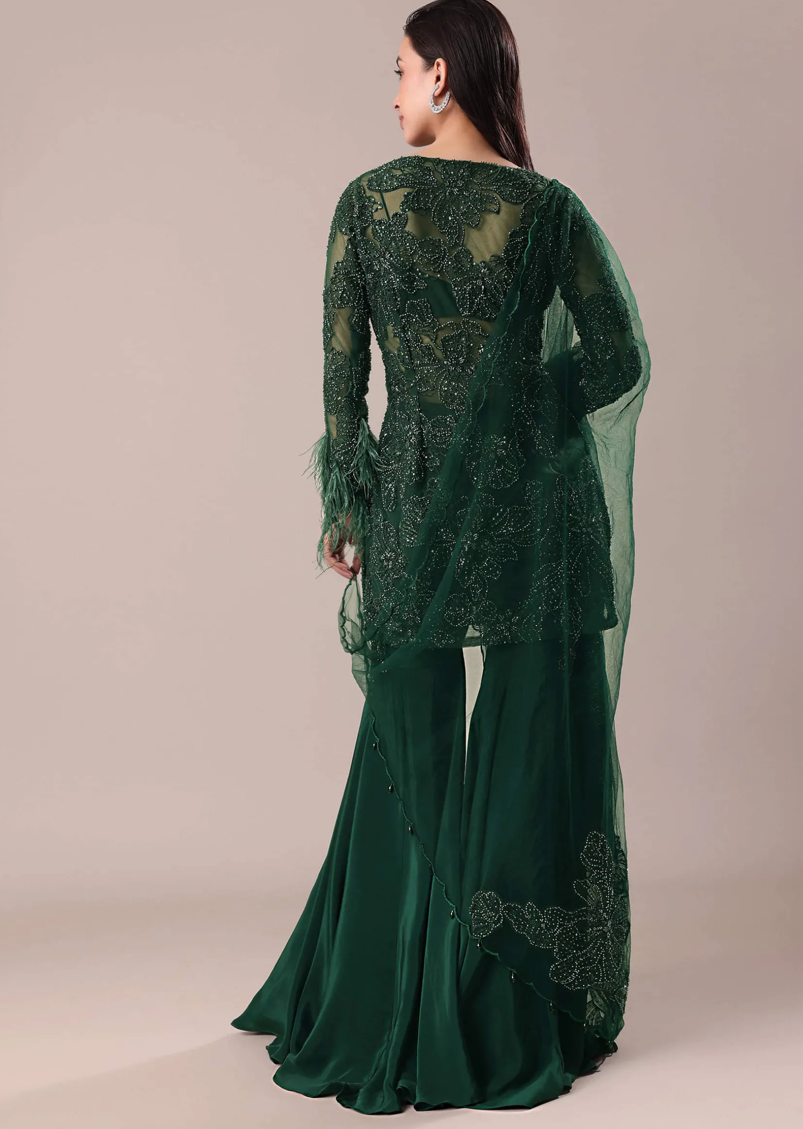 Bottle Green Fancy Sequins Palazzo Suit