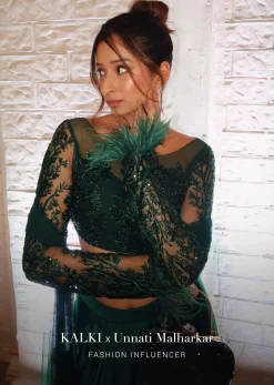 Bottle Green Feather Blouse With Draped Skirt And Dupatta