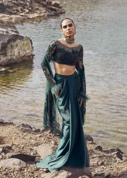 Bottle Green Feather Blouse With Draped Skirt And Dupatta