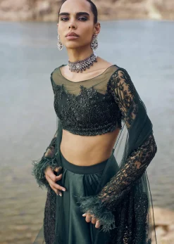 Bottle Green Feather Blouse With Draped Skirt And Dupatta