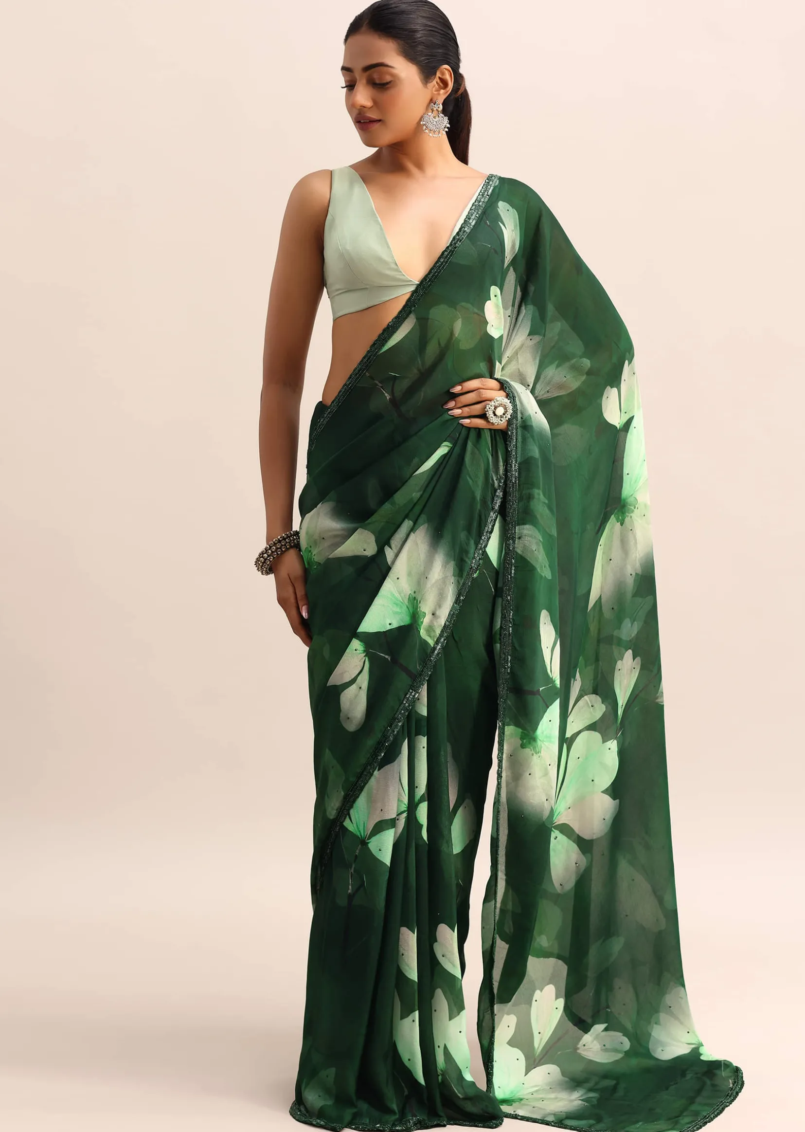 Bottle Green Floral Printed Georgette Saree With Sequin Border And Unstitched Blouse
