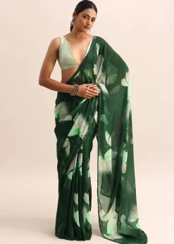 Bottle Green Floral Printed Georgette Saree With Sequin Border And Unstitched Blouse