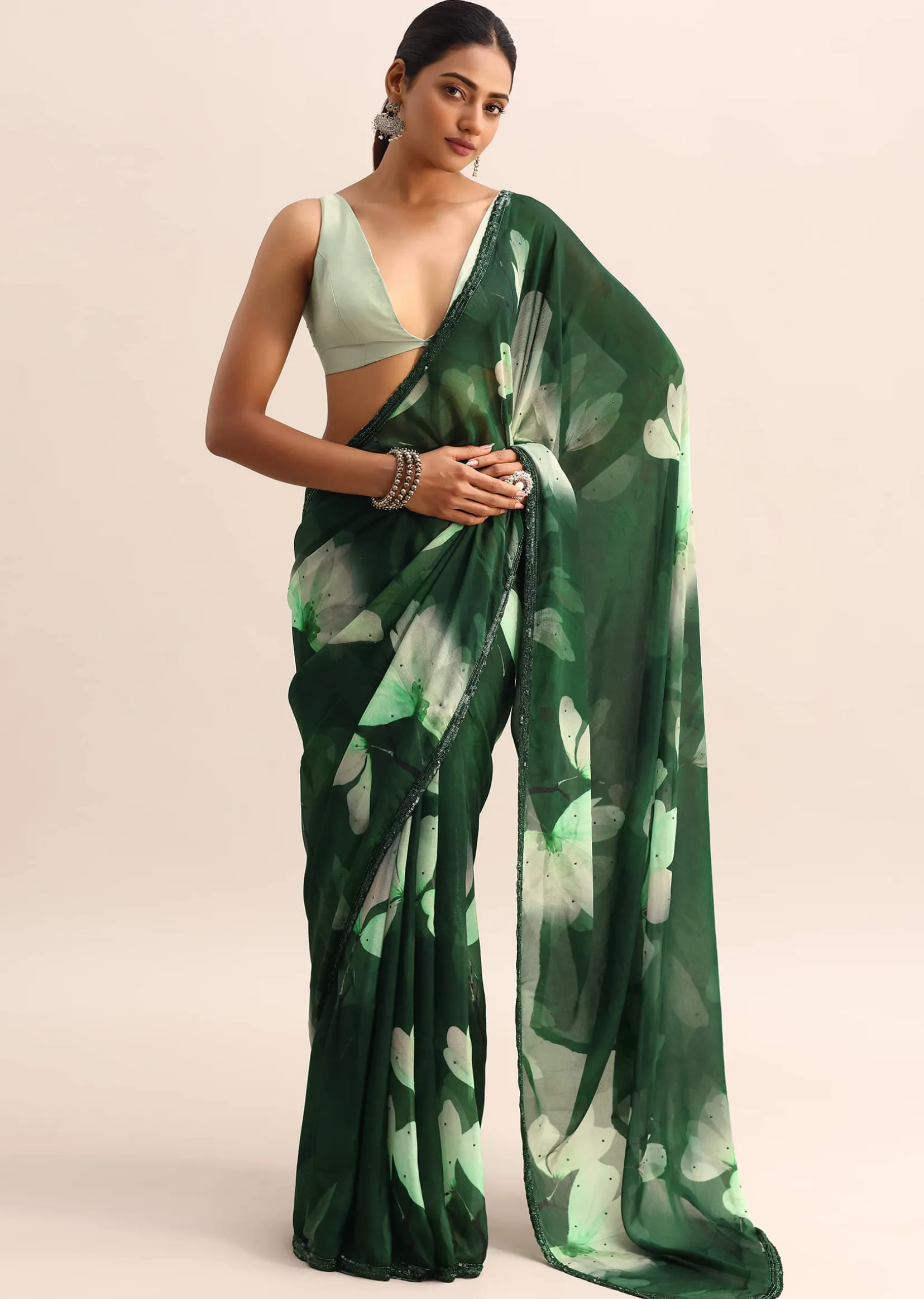 Bottle Green Floral Printed Georgette Saree With Sequin Border And Unstitched Blouse