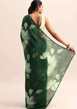 Bottle Green Floral Printed Georgette Saree With Sequin Border And Unstitched Blouse