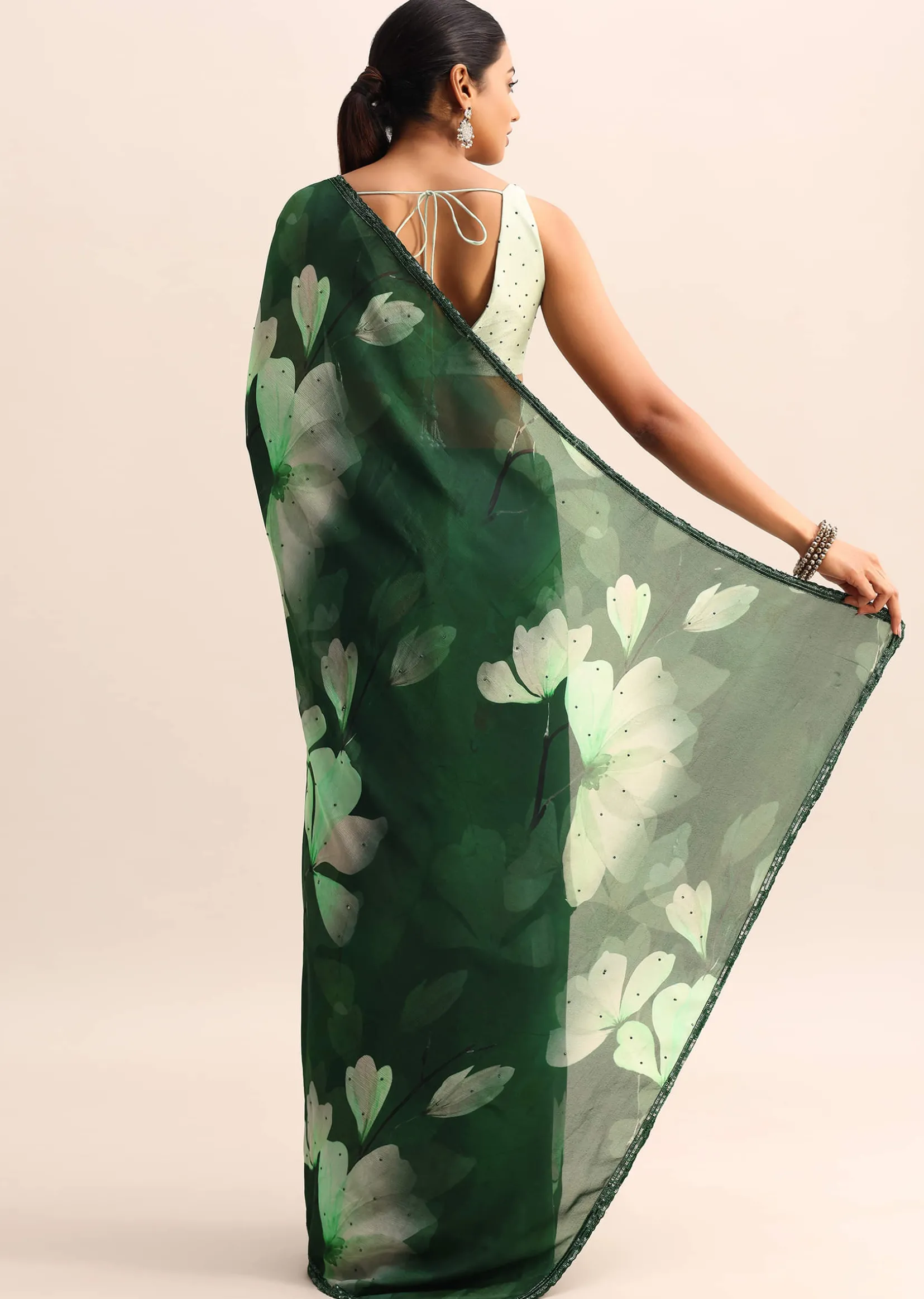 Bottle Green Floral Printed Georgette Saree With Sequin Border And Unstitched Blouse