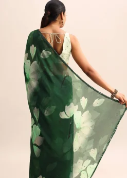 Bottle Green Floral Printed Georgette Saree With Sequin Border And Unstitched Blouse