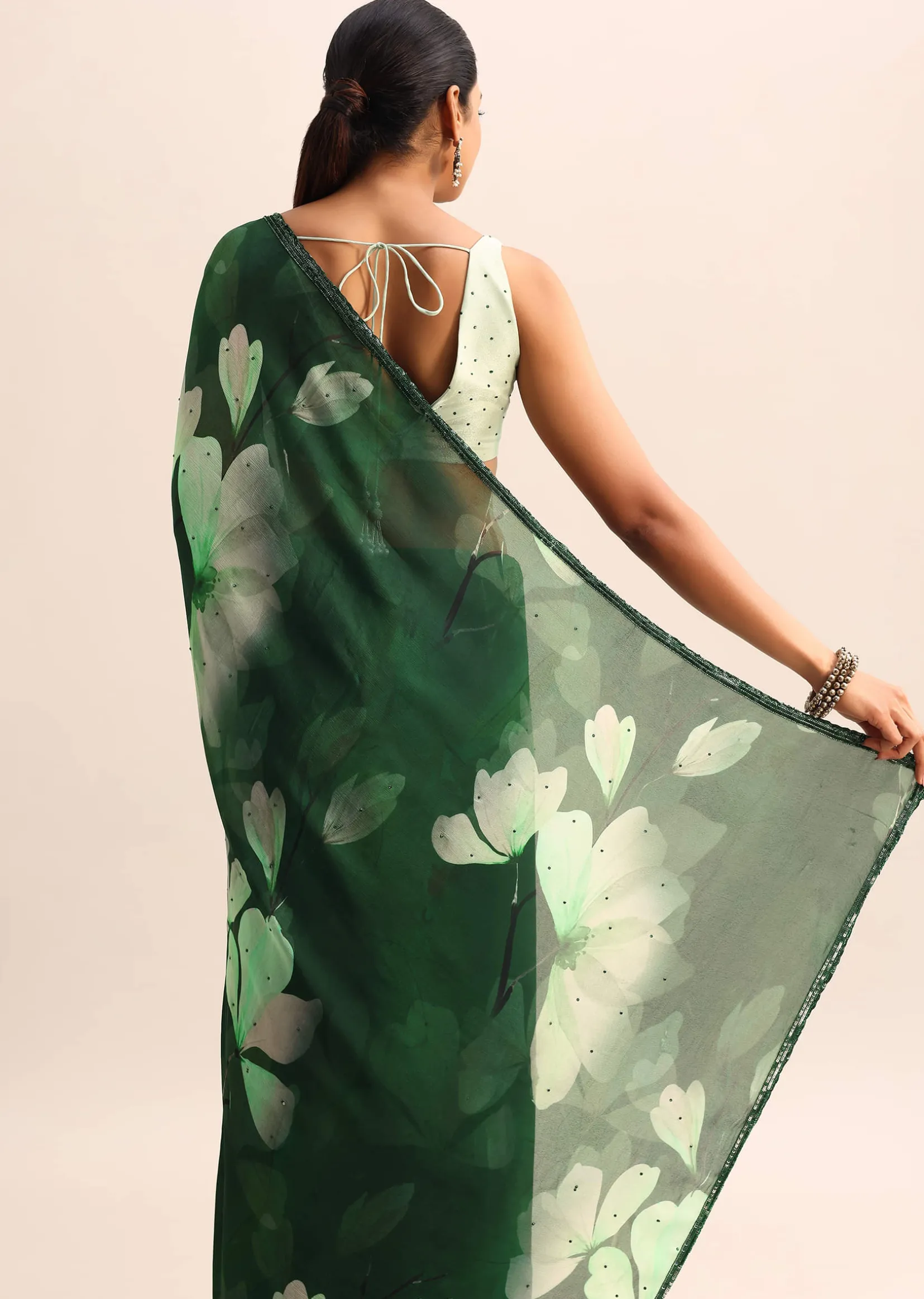 Bottle Green Floral Printed Georgette Saree With Sequin Border And Unstitched Blouse