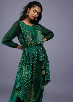 Bottle Green Gajji Silk Attached Shrug With Silk Jumpsuit