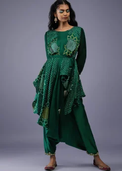 Bottle Green Gajji Silk Attached Shrug With Silk Jumpsuit