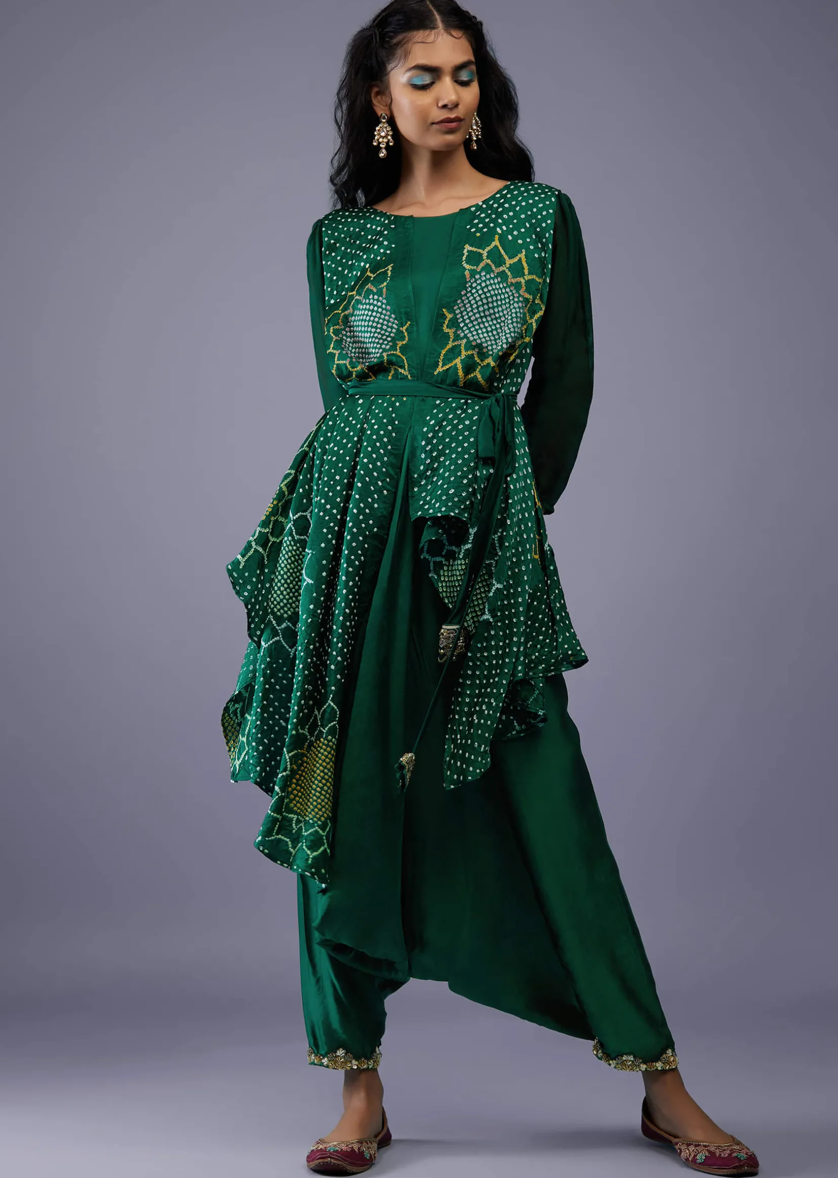 Bottle Green Gajji Silk Attached Shrug With Silk Jumpsuit
