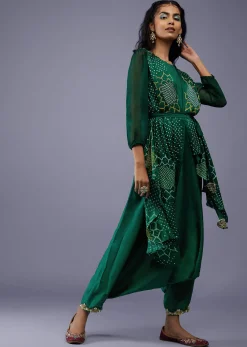 Bottle Green Gajji Silk Attached Shrug With Silk Jumpsuit