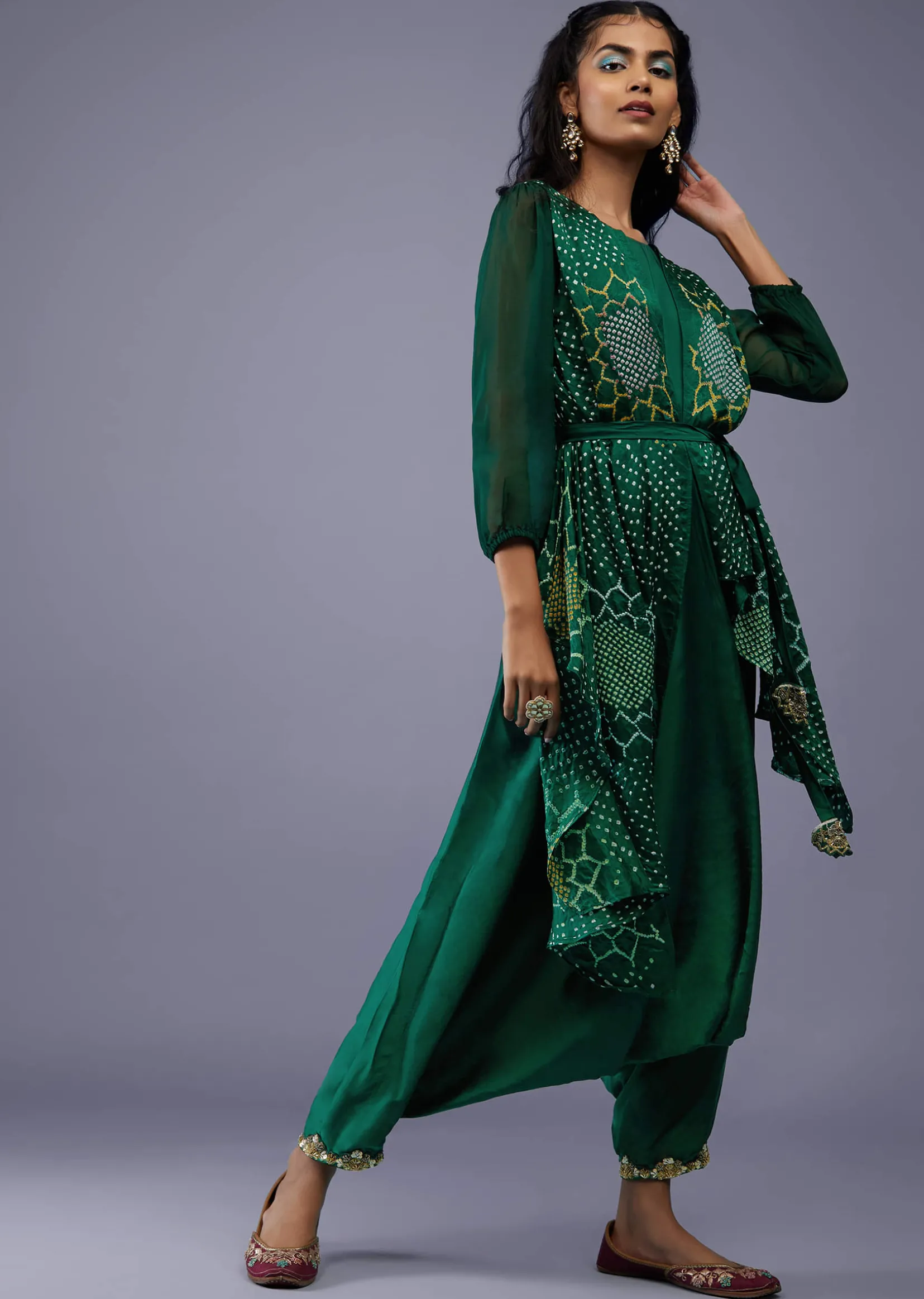 Bottle Green Gajji Silk Attached Shrug With Silk Jumpsuit