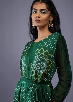 Bottle Green Gajji Silk Attached Shrug With Silk Jumpsuit