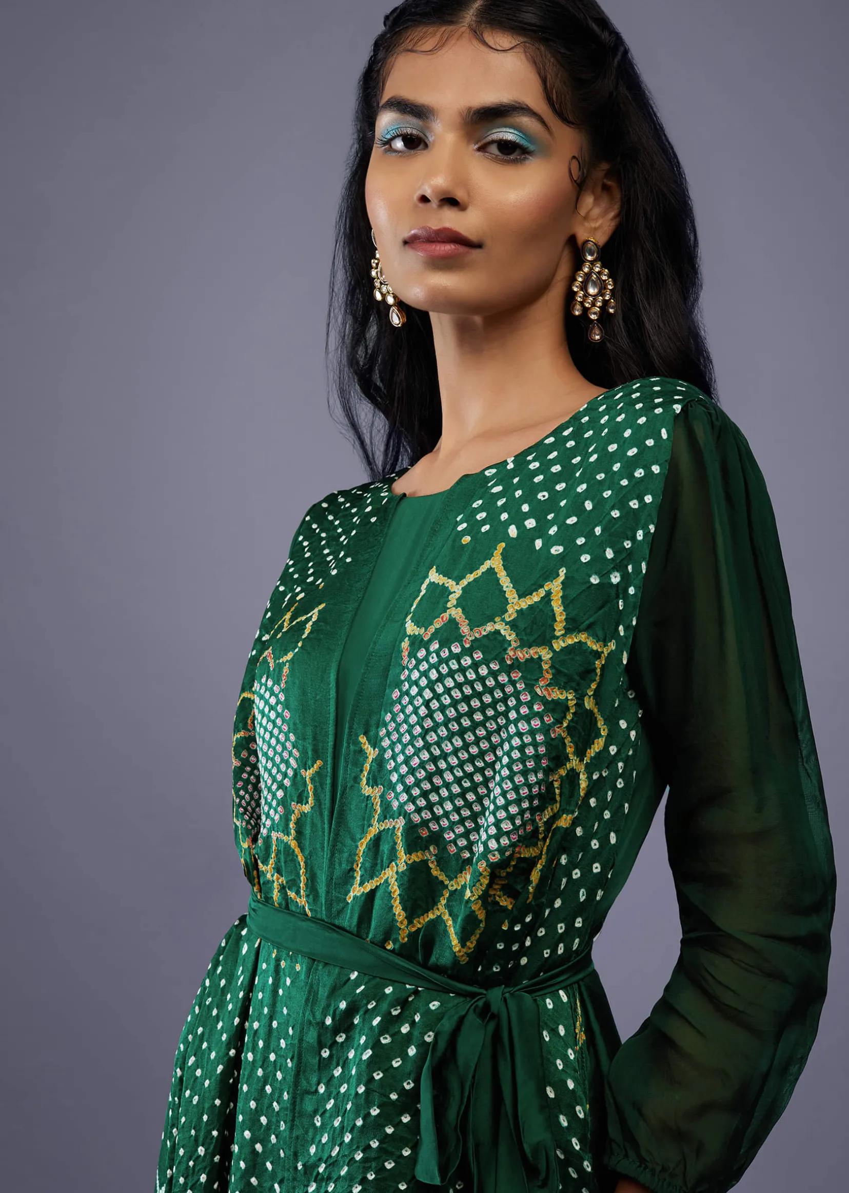 Bottle Green Gajji Silk Attached Shrug With Silk Jumpsuit