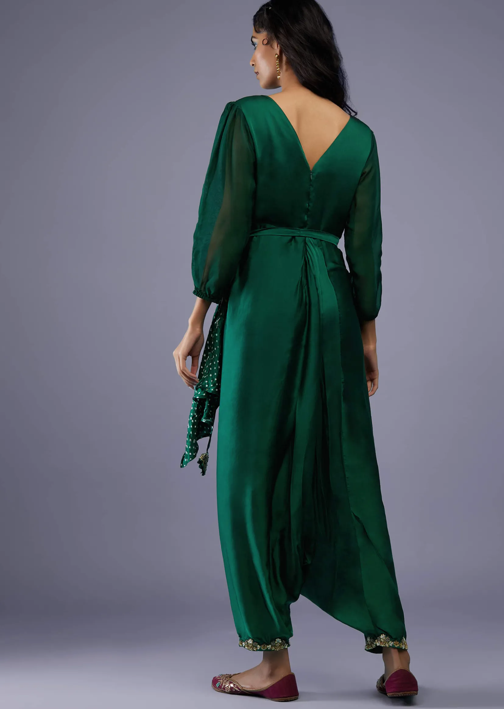 Bottle Green Gajji Silk Attached Shrug With Silk Jumpsuit