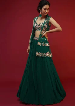 Bottle Green Lehenga Choli And Sleeveless Peplum Jacket Adorned With Colorful Resham And Moti Embroidered Flowers