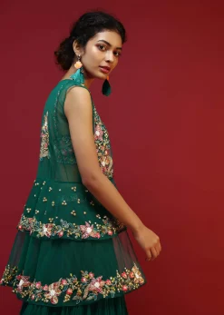 Bottle Green Lehenga Choli And Sleeveless Peplum Jacket Adorned With Colorful Resham And Moti Embroidered Flowers