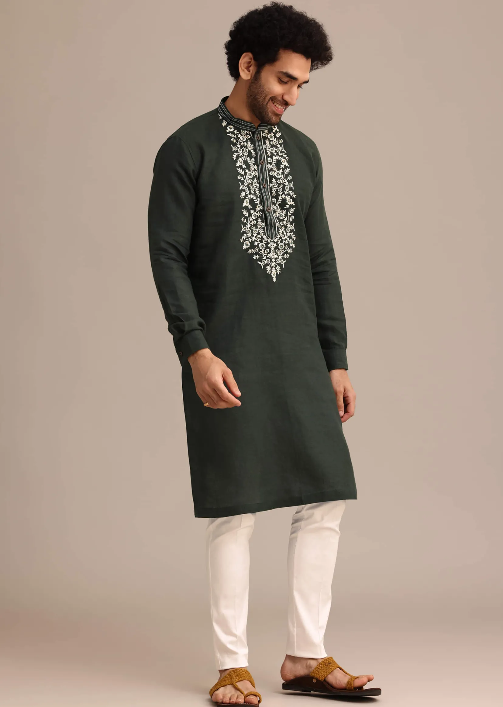 Bottle Green Linen Kurta And Pant Set With Floral Resham