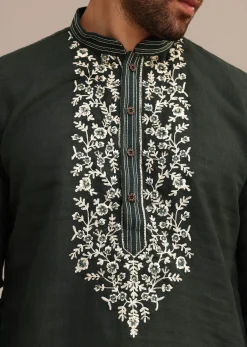Bottle Green Linen Kurta And Pant Set With Floral Resham