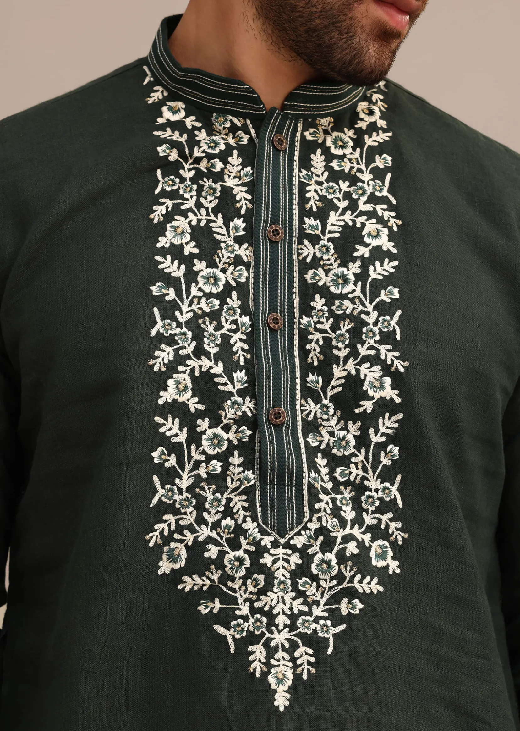 Bottle Green Linen Kurta And Pant Set With Floral Resham