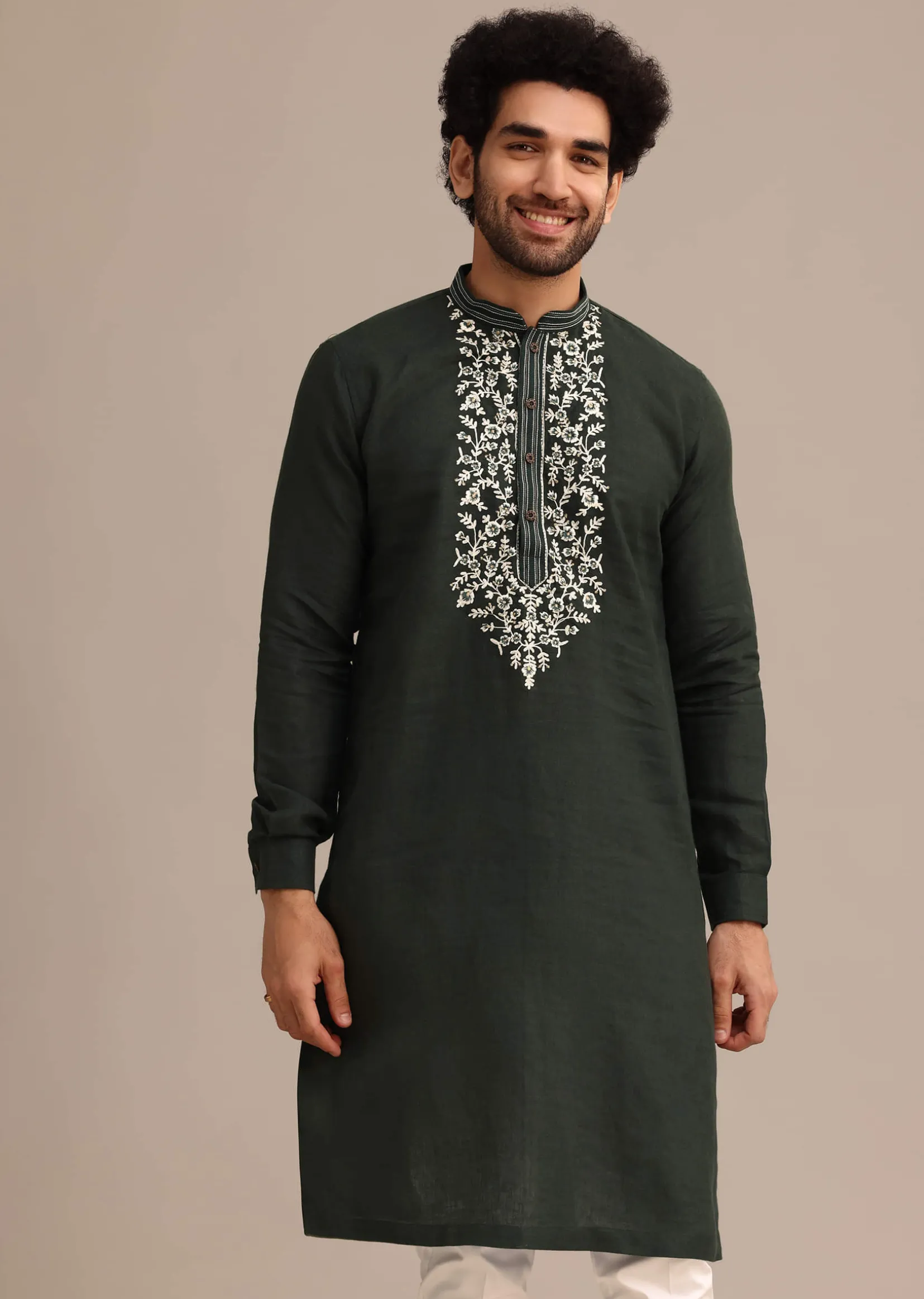 Bottle Green Linen Kurta And Pant Set With Floral Resham