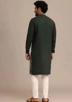 Bottle Green Linen Kurta And Pant Set With Floral Resham