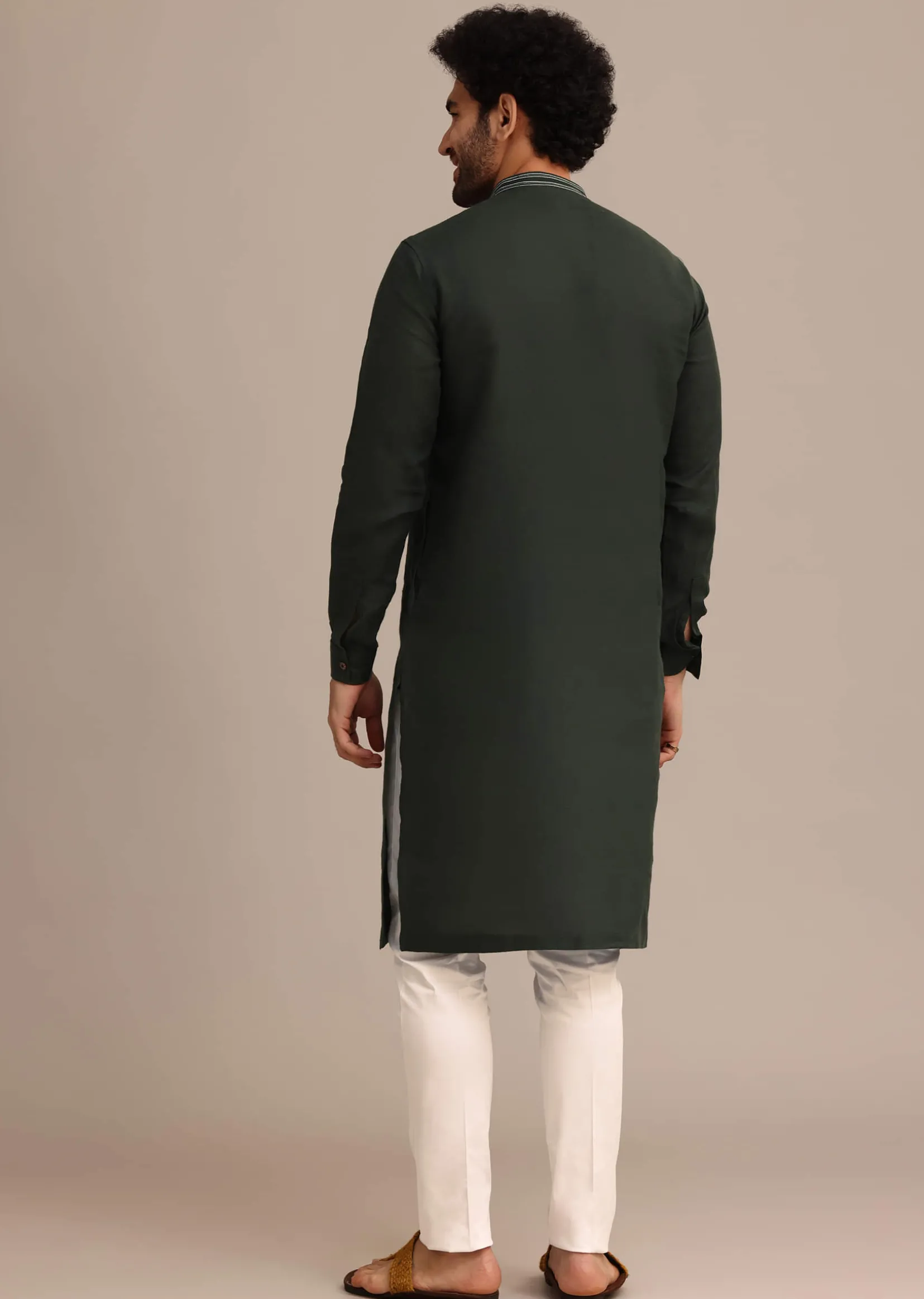 Bottle Green Linen Kurta And Pant Set With Floral Resham