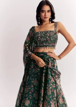 Bottle Green Mirror Work Lehenga Choli Set In Organza Tissue
