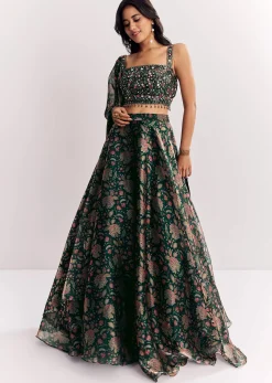 Bottle Green Mirror Work Lehenga Choli Set In Organza Tissue