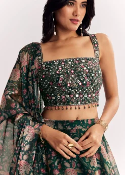 Bottle Green Mirror Work Lehenga Choli Set In Organza Tissue
