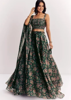 Bottle Green Mirror Work Lehenga Choli Set In Organza Tissue