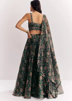 Bottle Green Mirror Work Lehenga Choli Set In Organza Tissue