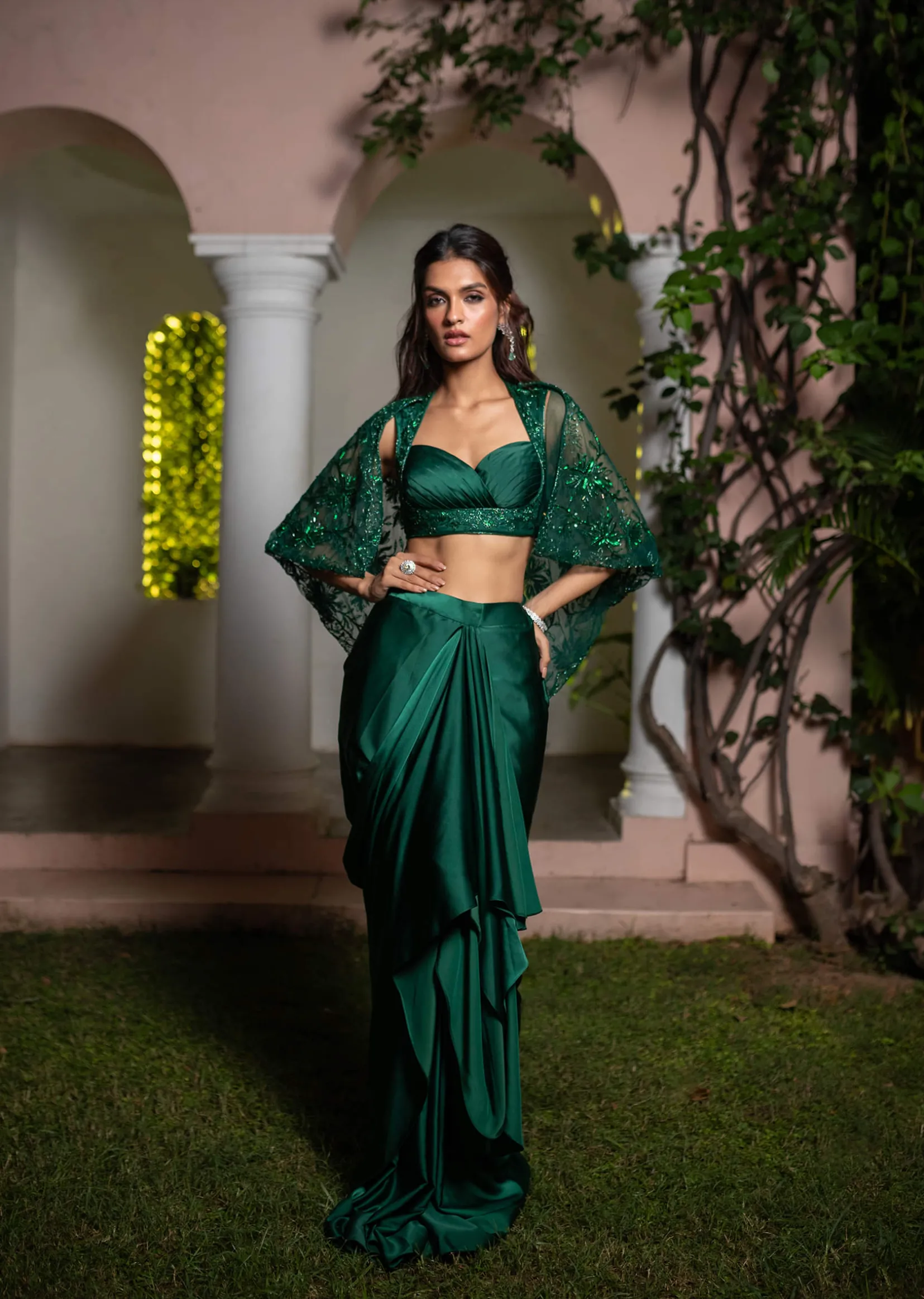 Bottle Green Net Hand Work Fusion Draped Skirt Set