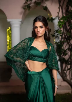 Bottle Green Net Hand Work Fusion Draped Skirt Set