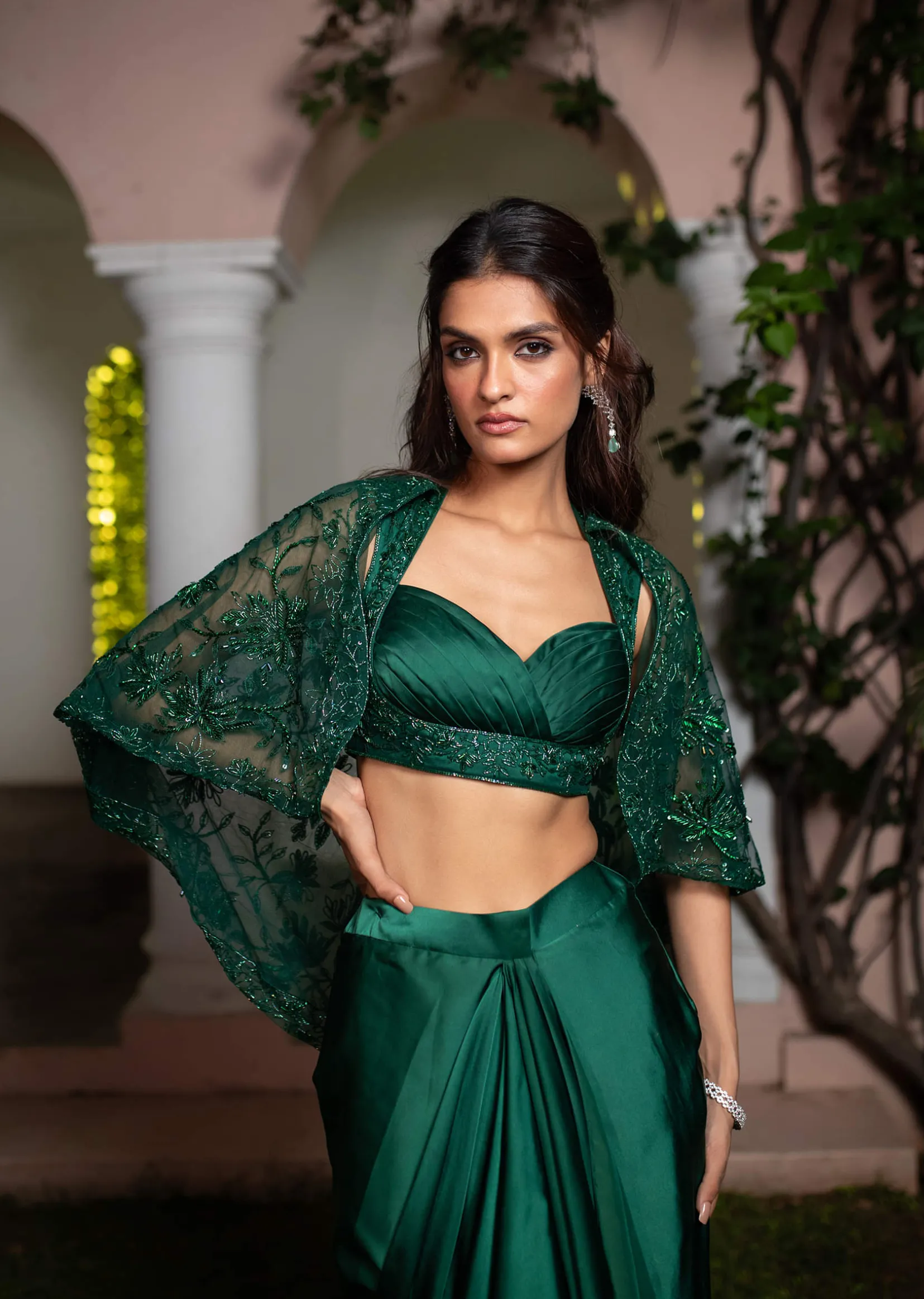 Bottle Green Net Hand Work Fusion Draped Skirt Set