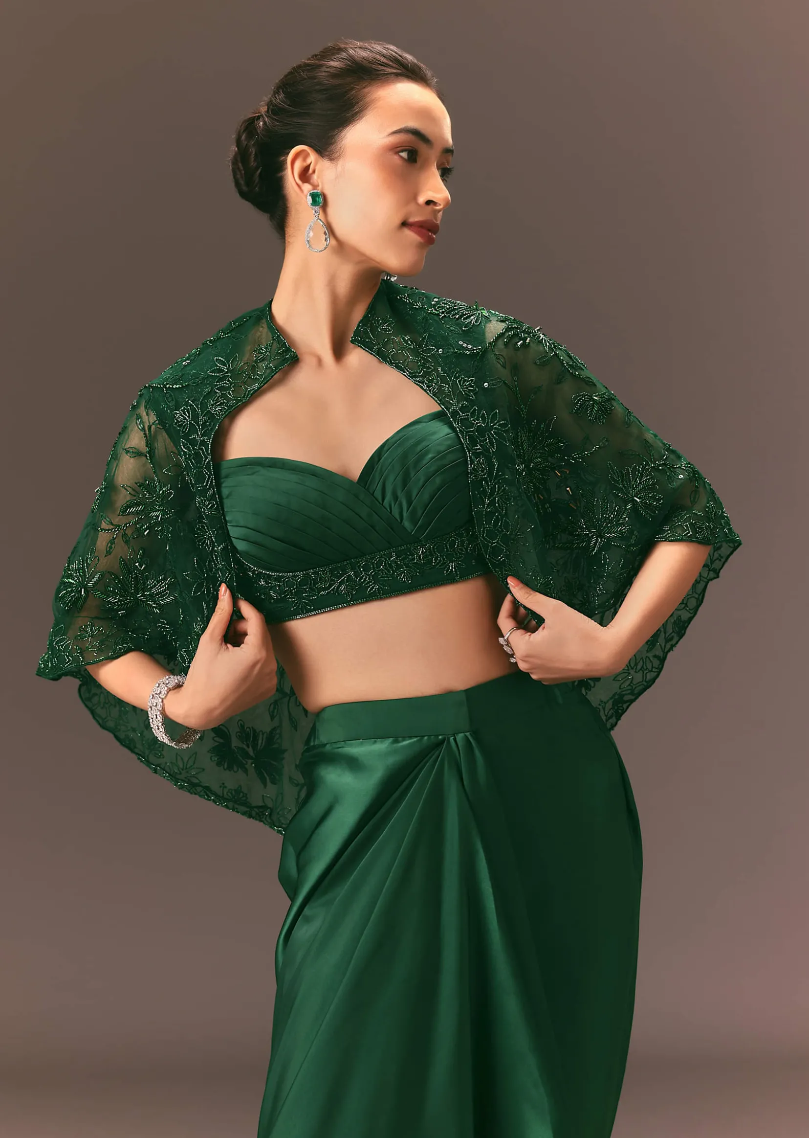 Bottle Green Net Hand Work Fusion Draped Skirt Set