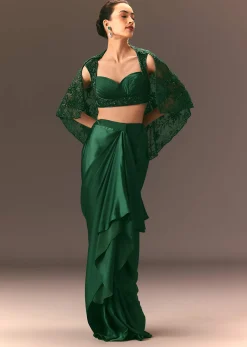 Bottle Green Net Hand Work Fusion Draped Skirt Set