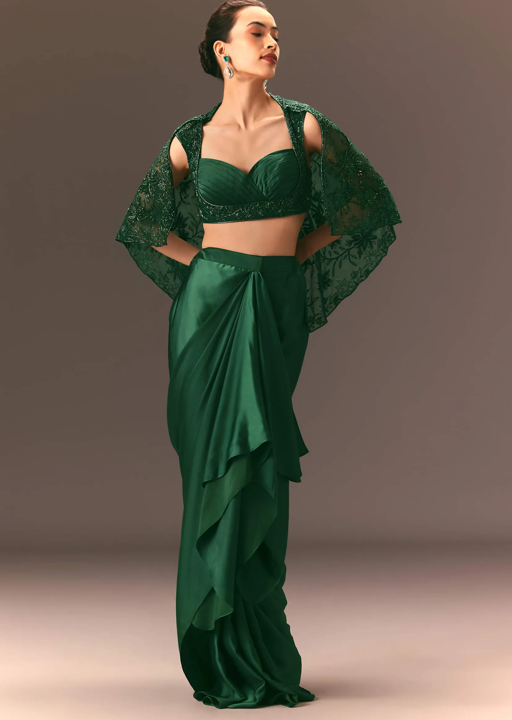 Bottle Green Net Hand Work Fusion Draped Skirt Set