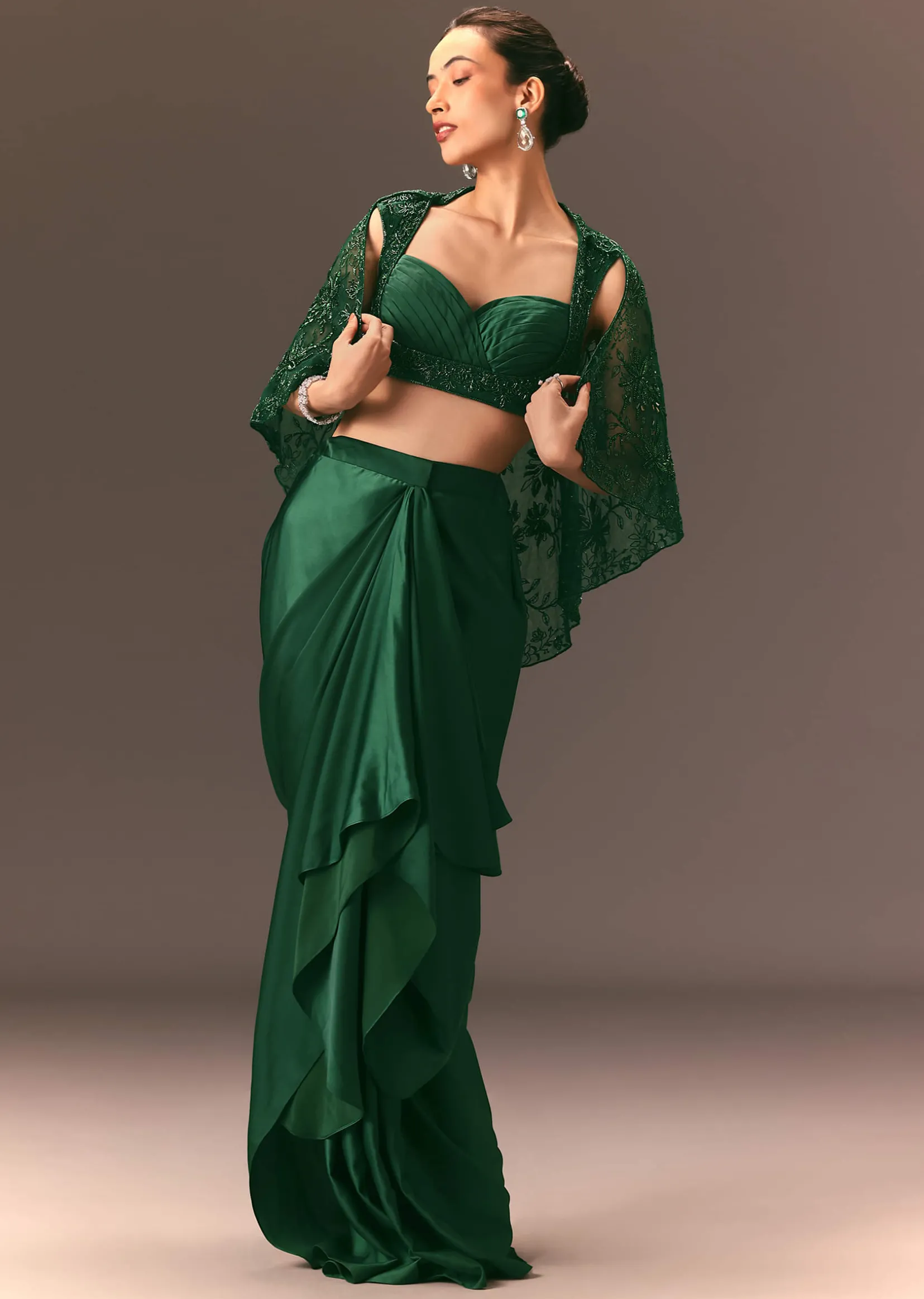 Bottle Green Net Hand Work Fusion Draped Skirt Set