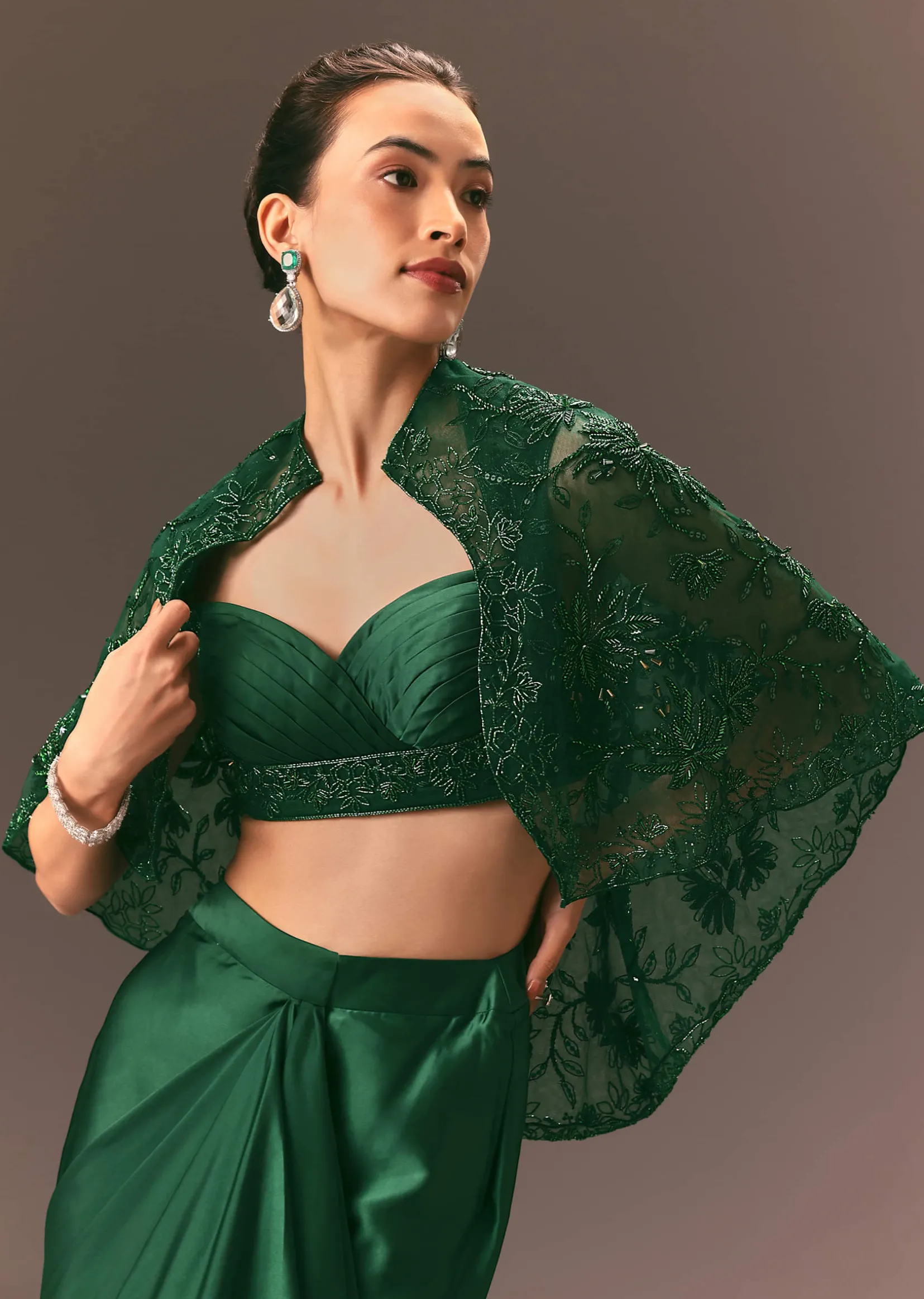 Bottle Green Net Hand Work Fusion Draped Skirt Set